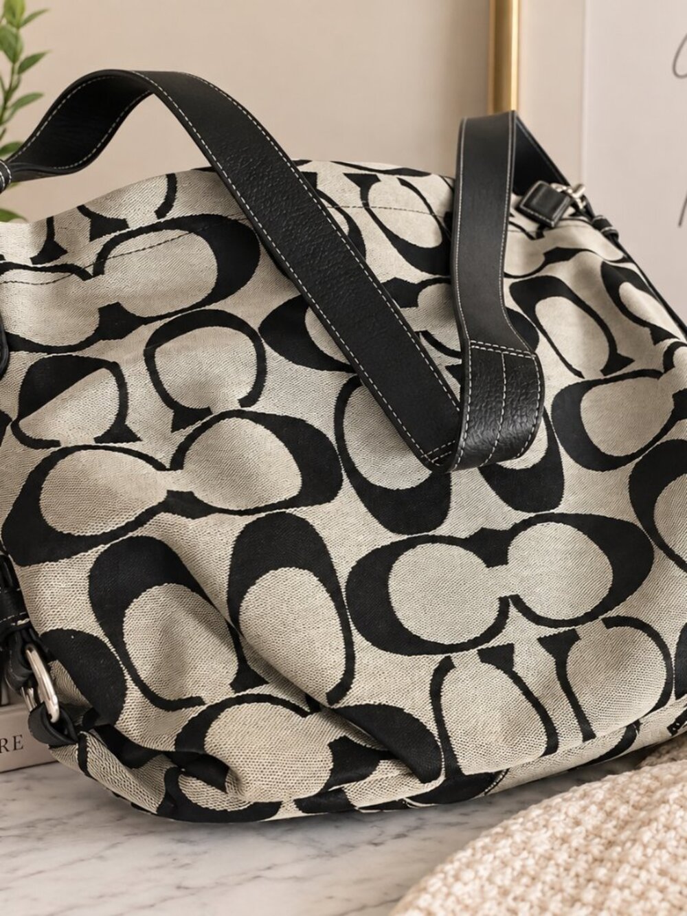 Coach F15067 Signature Duffle Hobo Bag Black White Canvas Leather Y2K